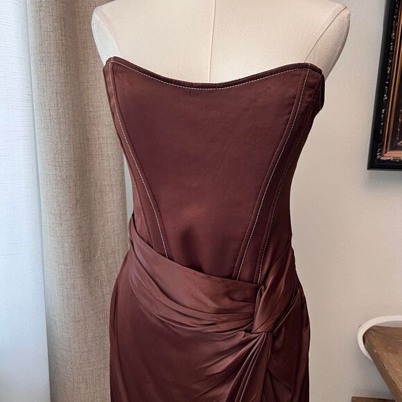 Zara Chocolate Brown Strapless Satin Mini Dress - Picture 2 of 5